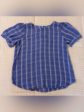 Women's Loft Light Blue Plaid Short Sleeve Blouse, Size XSP
